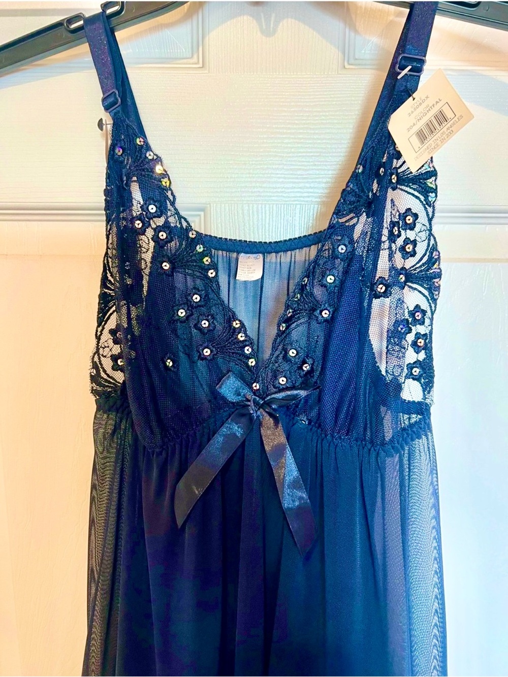 NWT Midnight Blue Sheer Embellished Lace Chemise.